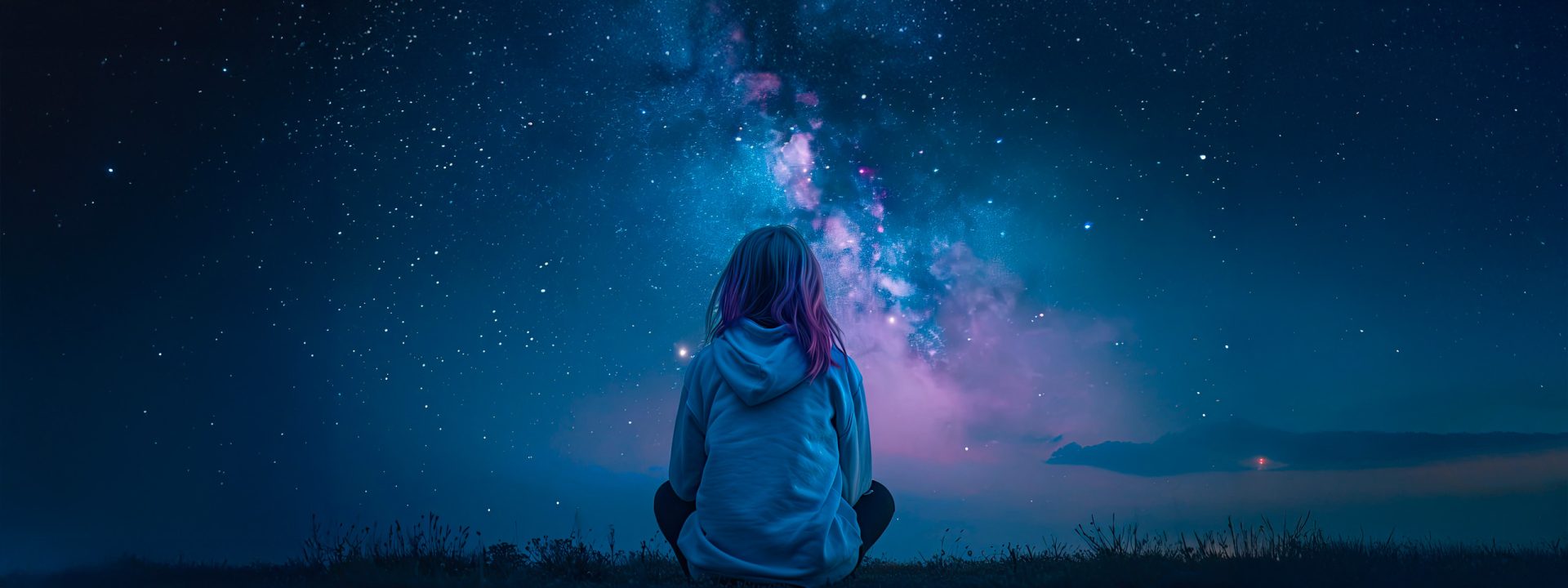 Una persona siede all'aperto di notte, osservando un cielo vibrante e pieno di stelle e la galassia della Via Lattea.