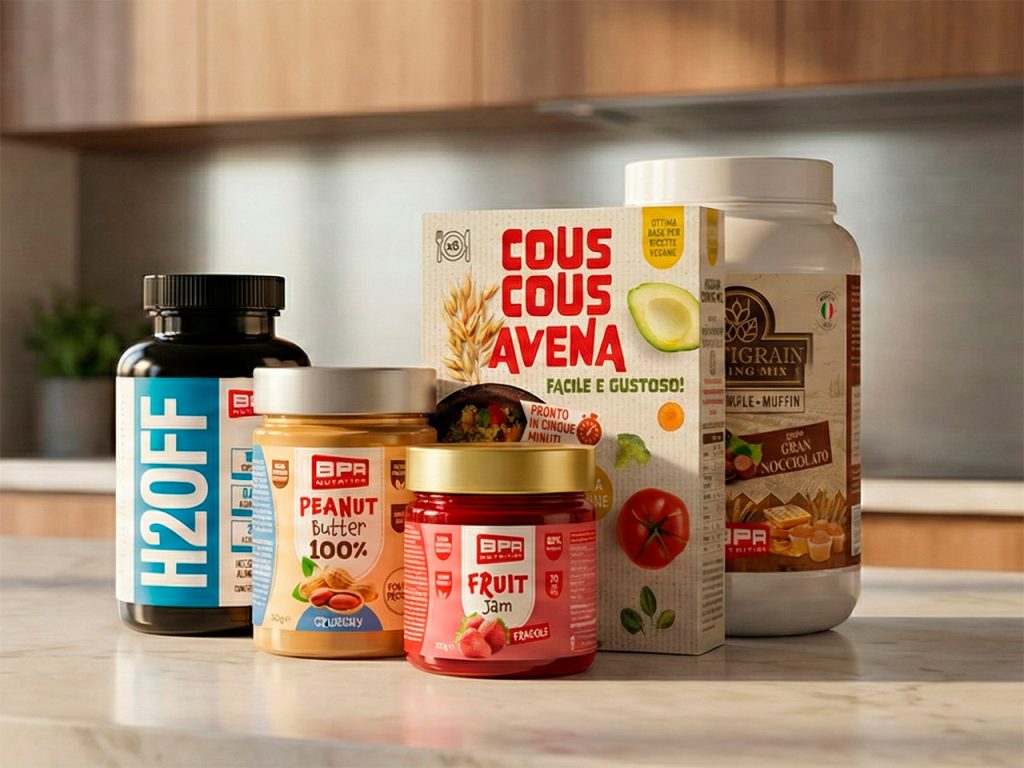 Several food items, including couscous, peanut butter, fruit jam, a protein shake, and an H2OFF supplement, on a counter.