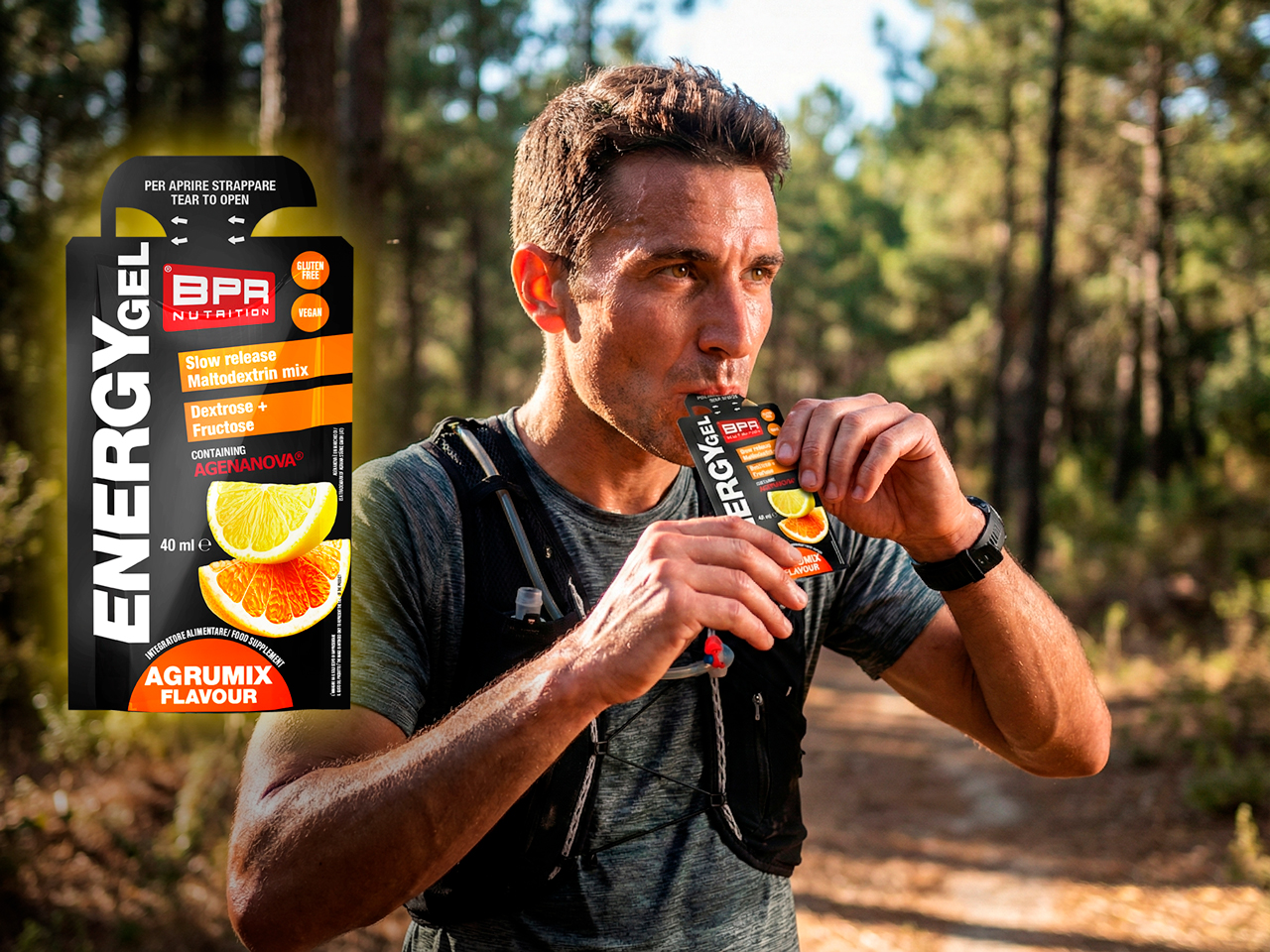 Un uomo all'aperto che mangia gel energetico BPA Nutrition al gusto di arancia, limone e lime in un'area boschiva.