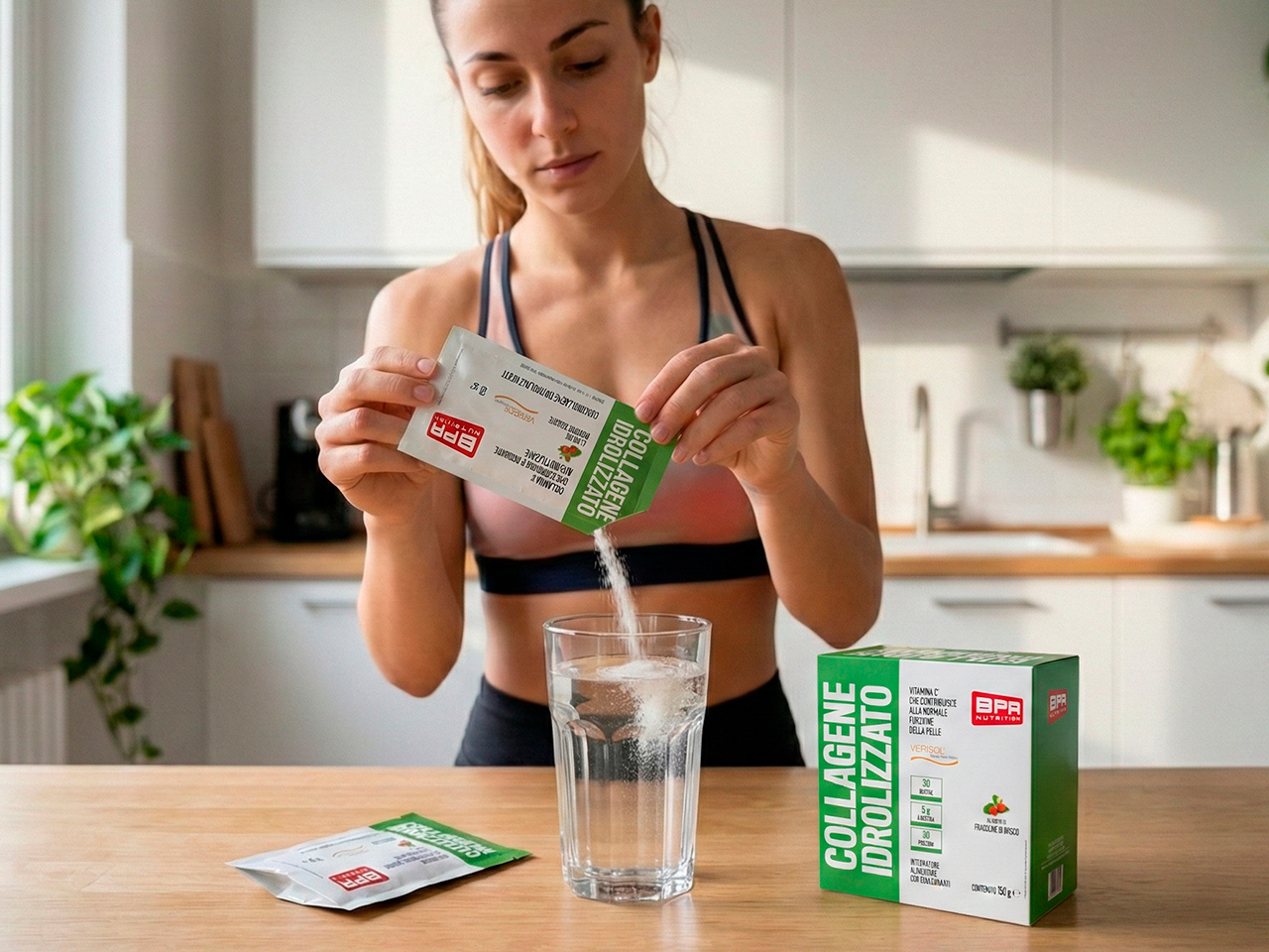Una donna versa della polvere di collagene idrolizzato BPR da una confezione in un bicchiere d'acqua in una cucina luminosa.