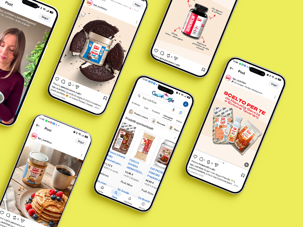 Sei smartphone visualizzano i post dei social media e i prodotti legati alle creme spalmabili e agli snack BPR su uno sfondo giallo brillante.