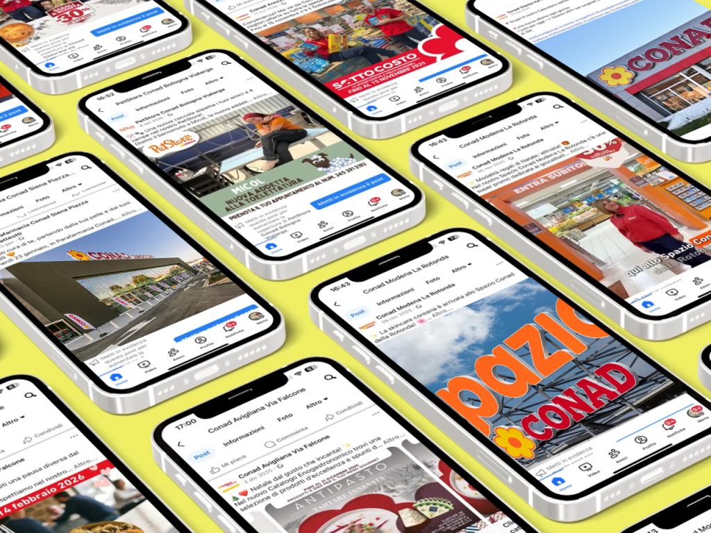 Smartphones displaying various social media posts about supermarkets, arranged diagonally on a yellow background.