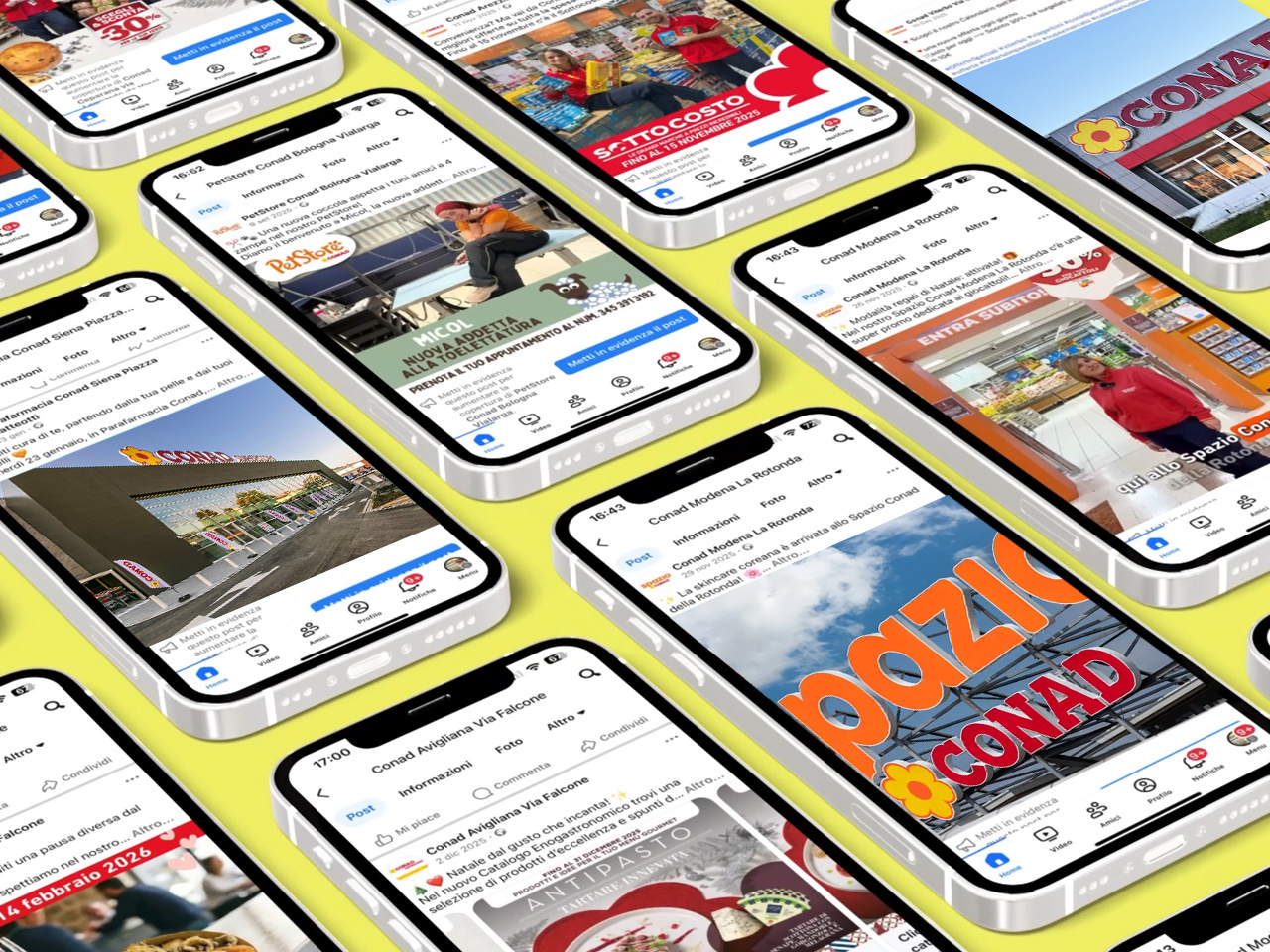 Smartphone che visualizzano vari post sui social media riguardanti i supermercati, disposti in diagonale su uno sfondo giallo.