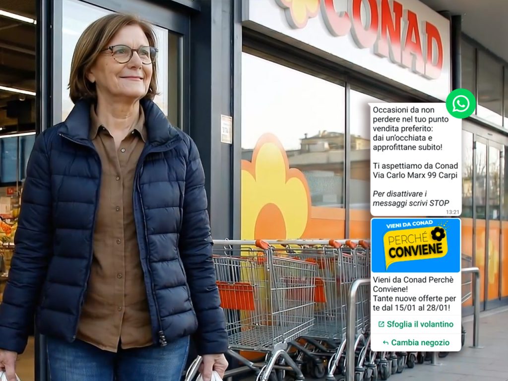 A woman stands smiling outside a Conad supermarket near shopping carts, with promotional messages displayed on the image.