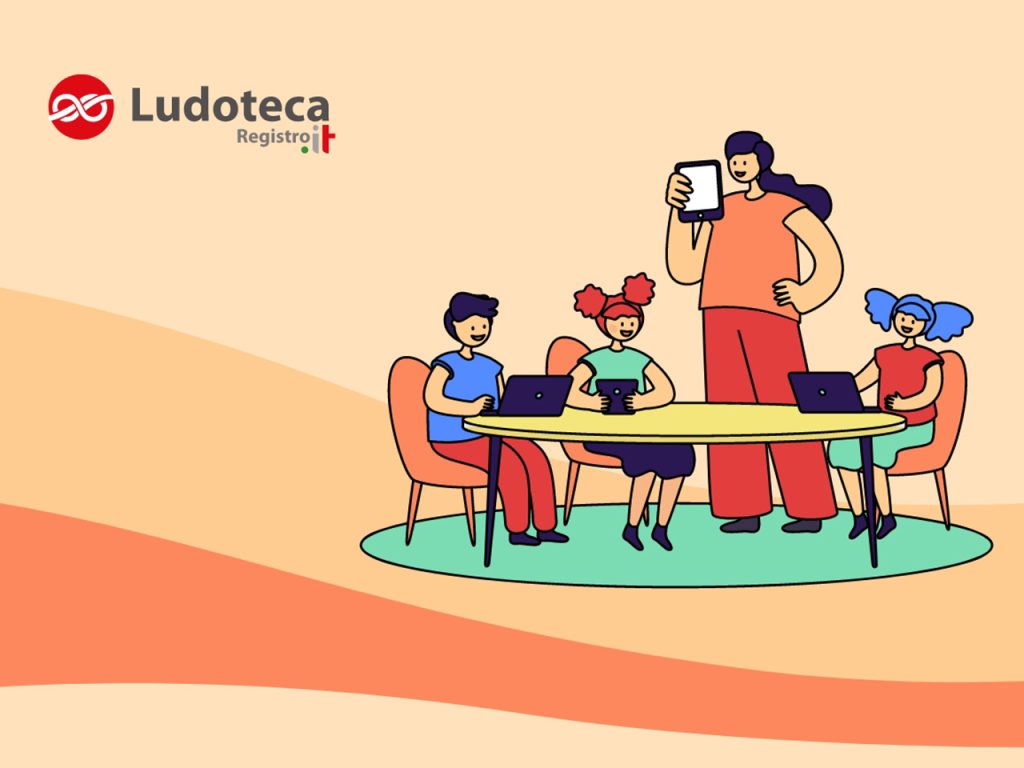 Illustration of four children using laptops at a table, with an adult standing holding a tablet nearby.