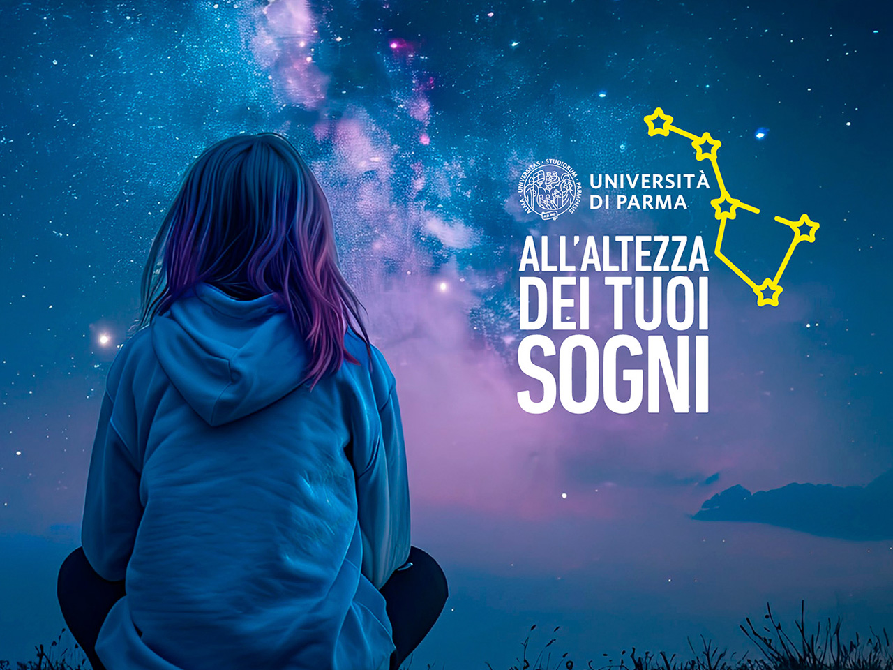 Una persona guarda un cielo stellato con una costellazione; il testo recita Università di Parma. All'altezza dei tuoi sogni.