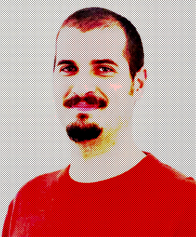 Ritratto stilizzato a mezzatinta di un uomo con capelli corti, baffi e pizzetto, che indossa una camicia rossa su sfondo bianco.