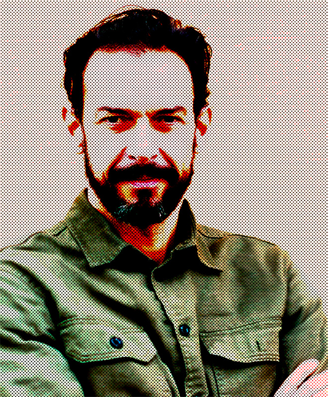 Un uomo con barba e baffi che indossa una camicia verde, raffigurato in uno stile pop art, a mezzatinta.