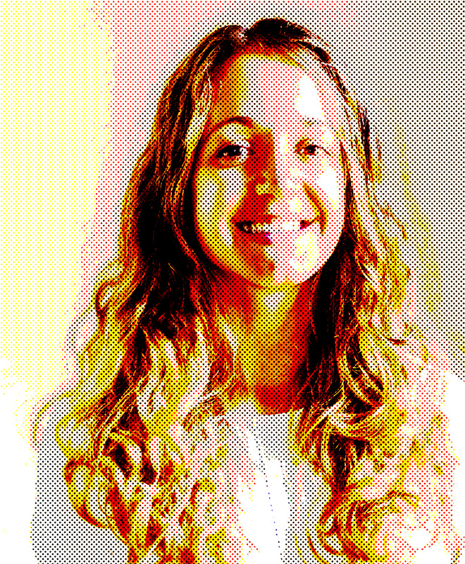 Una donna con capelli lunghi e ondulati sorride, raffigurata in uno stile pop art vibrante e ad alto contrasto con punti.