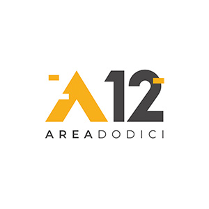 Logo con una A stilizzata gialla e un 12 nero, con la scritta AREA DODICI in lettere nere.