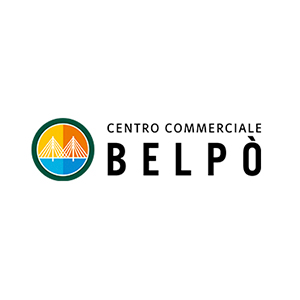 Logo del Centro Commerciale Belp&ograve; con una colorata grafica a ponte circolare accanto al nome del centro commerciale in grassetto.