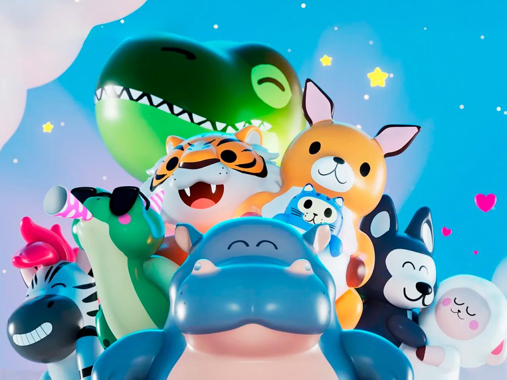 A group of colorful cartoon-style balloons smiling under a blue sky with stars and clouds.