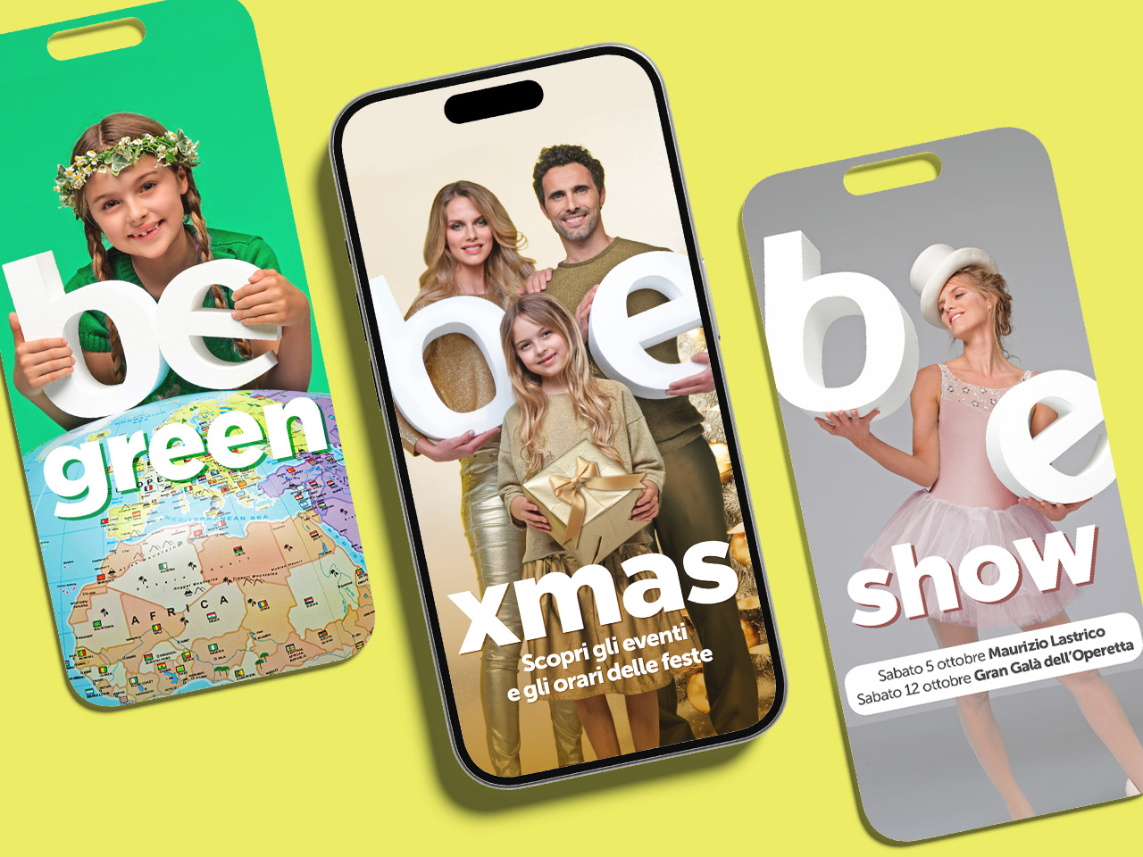 Tre schermi del telefono mostrano: un ragazzo con una mappa (verde), una famiglia con dei regali (Natale) e una ragazza con un vestito da ballerina (spettacolo).