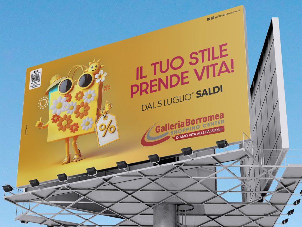 Yellow billboard advertising summer sales at the Galleria Borromea shopping center, with a shopping bag with flowers.