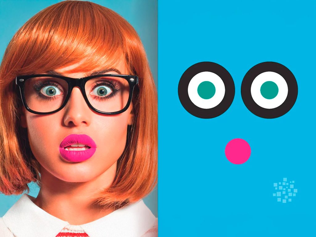 A surprised woman wearing glasses next to a blue cartoon face with big eyes and a pink dot for a mouth.