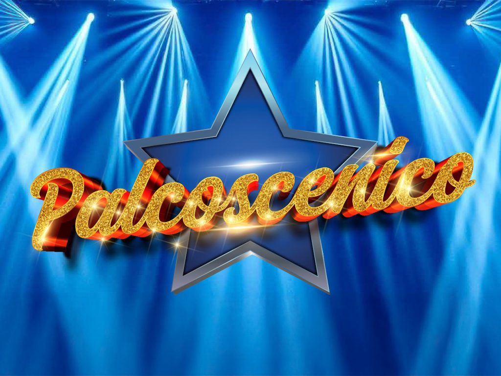 Gold stage text on a blue star, with bright spotlights in the background.