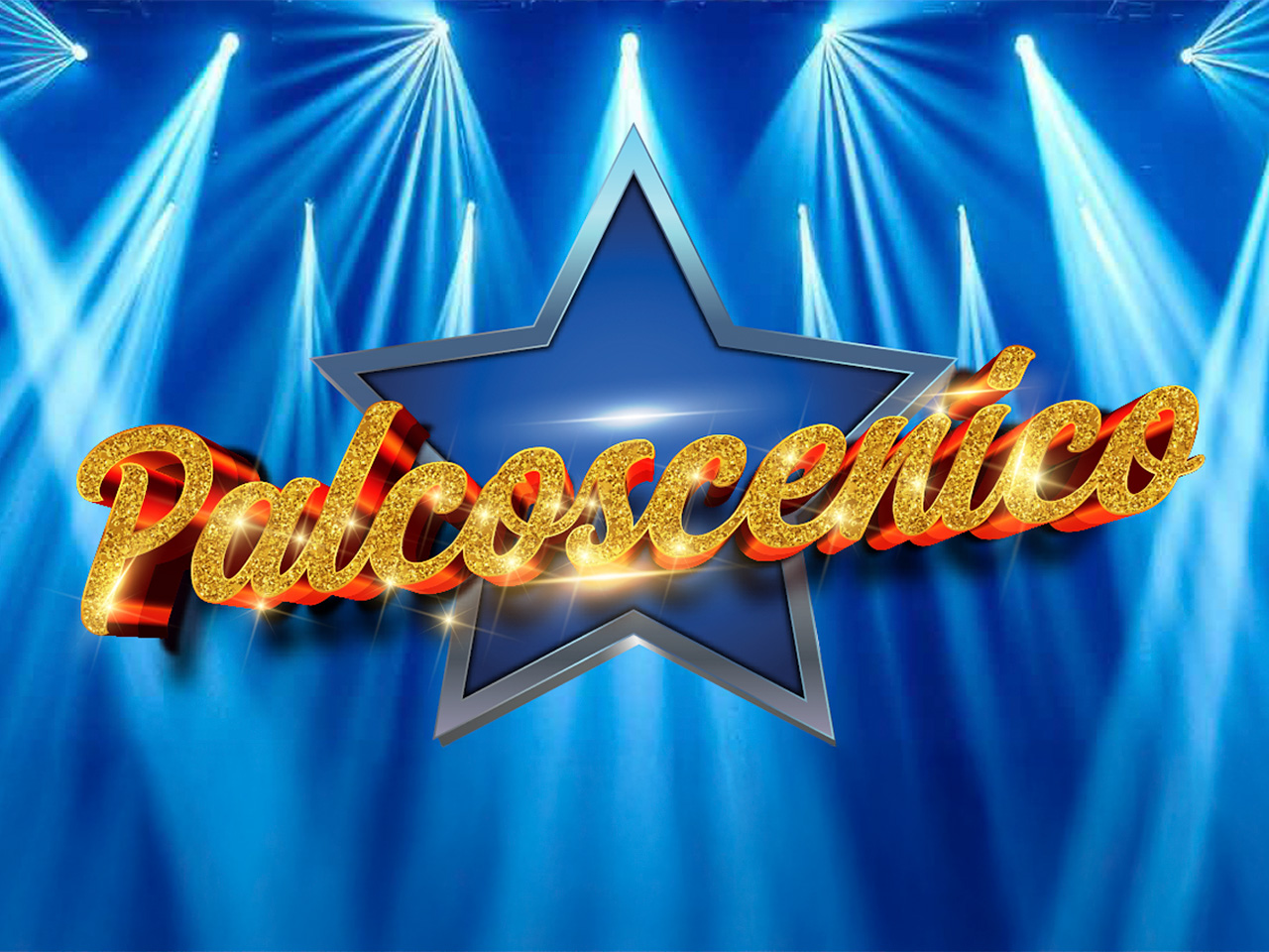 Testo Palcoscenico in oro su una stella blu, con riflettori luminosi sullo sfondo.