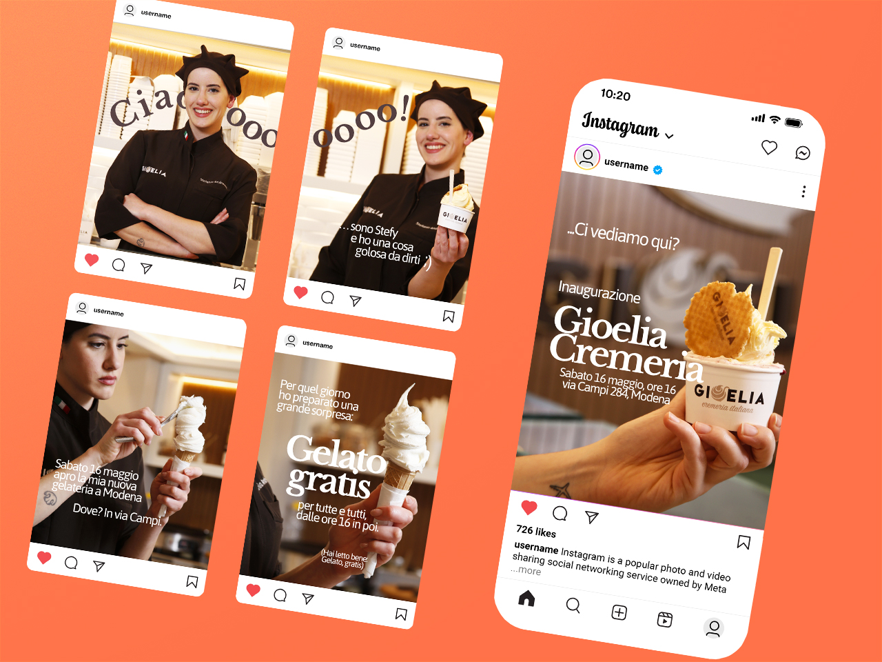 Cinque post su Instagram con il gelato e lo staff, per promuovere l'inaugurazione di Gioelia Cremeria.