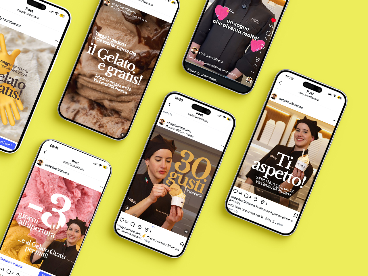 Sei smartphone visualizzano colorati annunci di gelaterie italiane con testi e immagini di gelati e personale.