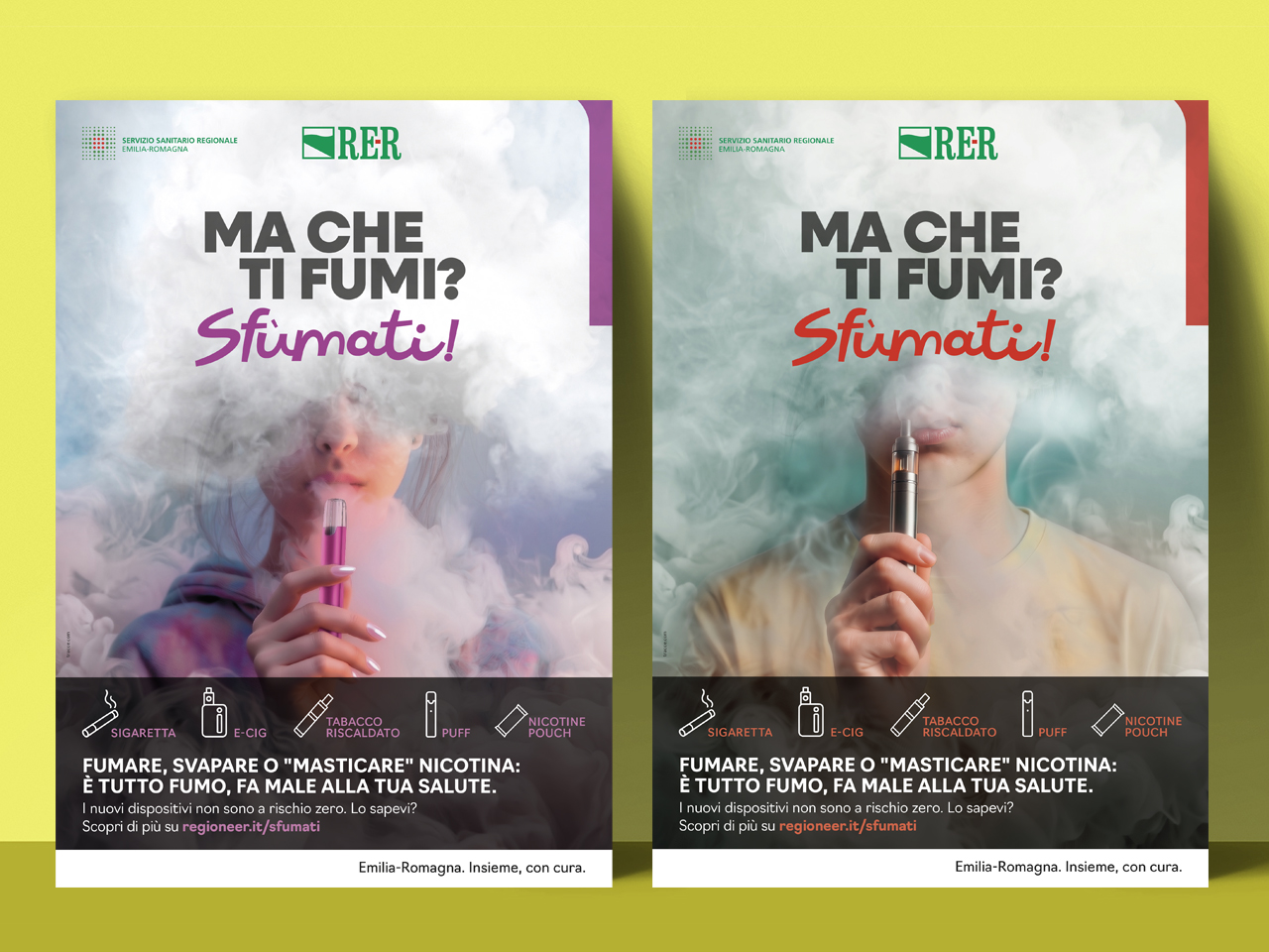 Due manifesti raffigurano una persona che svapa, circondata dal fumo, con avvertenze sanitarie italiane sul fumo.